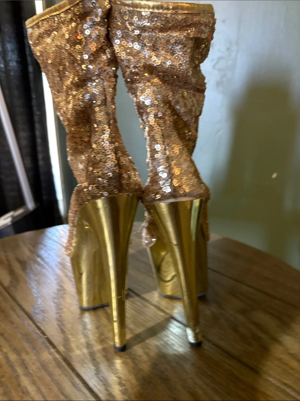 Gold Sequin Platform Peep-Toe High Heel Booties